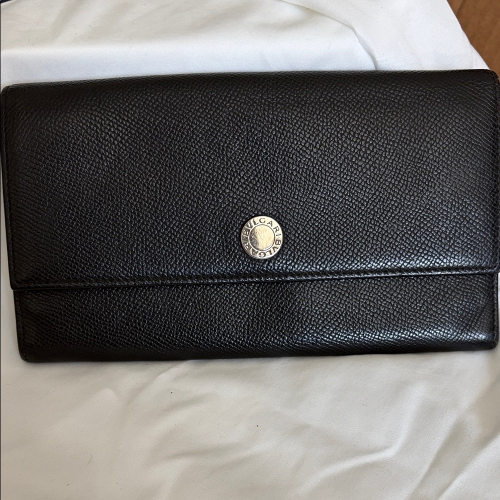 Black BVLGARI Leather Wallet with Logo Button